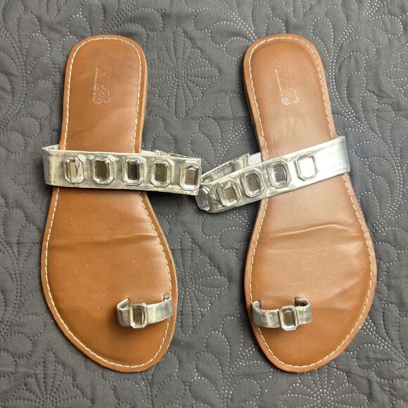 Carlos Santana Tathy Silver W/ Rhinestones Flat Slide Thong Sandals SZ 8.5 Used - Picture 1 of 7